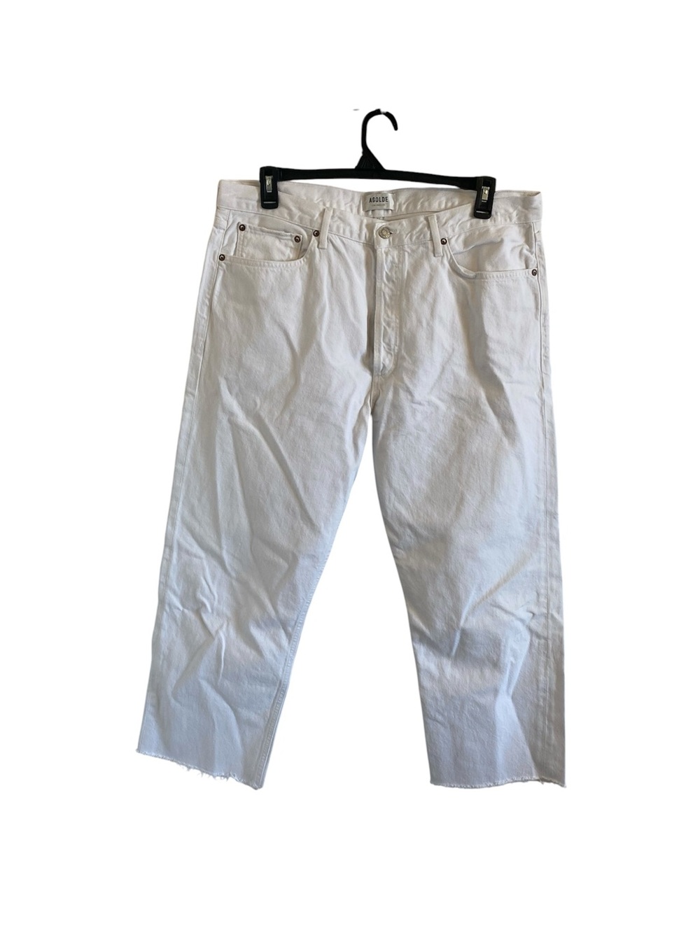 Agolde Women’s 90’s Crop Mid Rise Loose Fit Wide Leg Raw Hem White Jeans
